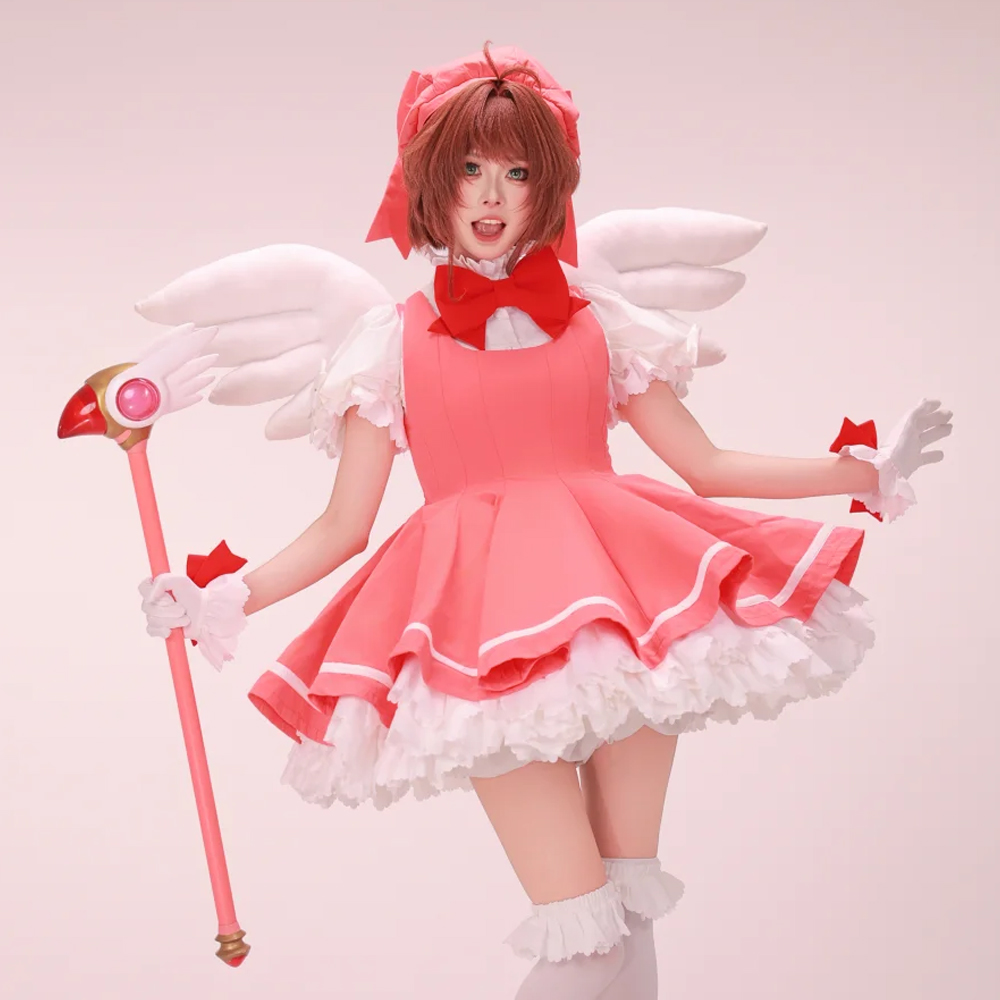 Anime Cosplay Easy - ชุดคอสเพลย์คิโนโมโตะ ซากุระ ชุดโลลิต้าสีชมพู พร้อมวิกผม ชุดคอสเพลย์การ์ดแคปเตอร์ ชุดแฟนซีสำหรับงานปาร์ตี้