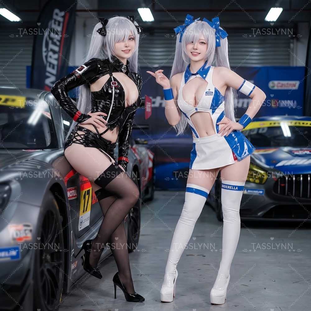 Anime Cosplay Black Girl - ชุดคอสเพลย์ซินเดอเรลล่า เรซซิ่ง ชุดสาวนักแข่ง PU เงางาม สีดำและขาว