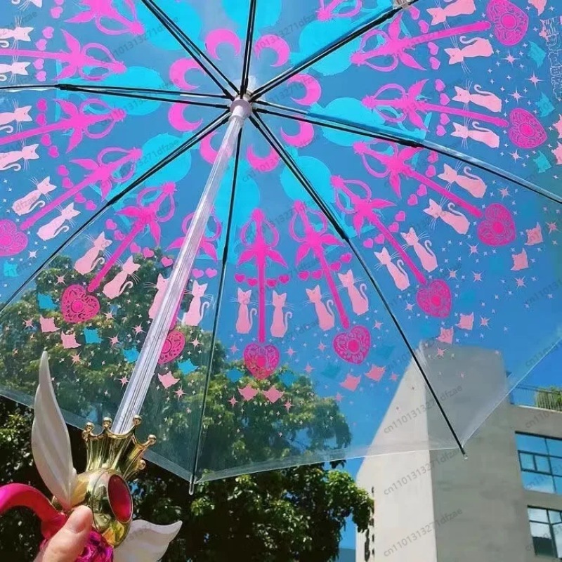 Sailor Moon Wand - ร่มใสลายเซเลอร์มูนสุดน่ารัก, ร่มลายเจ้าหญิงซากุระอะนิเมะแบบวาดมือพร้อมไม้กายสิทธิ์เรืองแสง