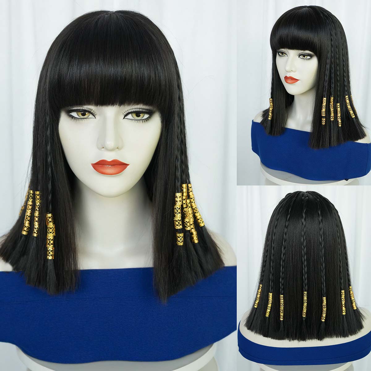 Egypt Cosplay Anime - วิกผมแฟชั่นสำหรับผู้หญิง ชุดฮาโลวีน อุปกรณ์ประกอบฉาก คลีโอพัตราอียิปต์ คอสเพลย์ วิกผมบ๊อบสั้นตรงสีดำ