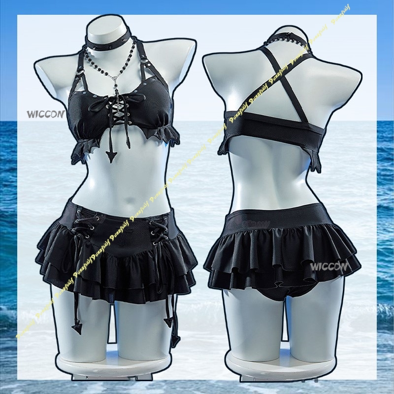 Anime Cosplay Black Girl - ชุดคอสเพลย์สาวเซ็กซี่ ชุดมิไห่ชา ชุดว่ายน้ำสไตล์โกธิคดาร์ก ชุดนิช กางเกงแยกชิ้น ชุดชั้นในสีดำ