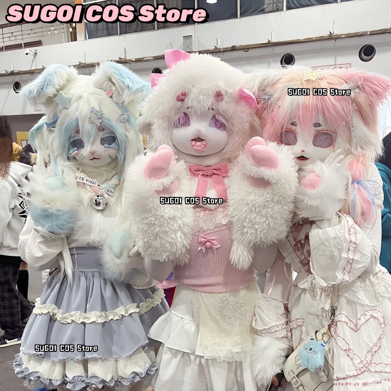 Anime Cosplay Mask - หน้ากากขนสัตว์น่ารักแบบคิกุรุมิ ชุดคอสเพลย์รูปสุนัข พร้อมหาง ฐานรองศีรษะขนสัตว์ อุปกรณ์เสริมสำหรับสัตว์เลี้ยง ถุงมือ