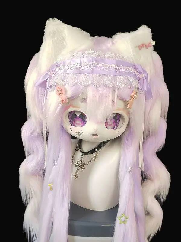 Anime Cosplay Mask - หัวฟอร์สูทคิกทำมือ, หน้ากากแมวน่ารัก, คอสเพลย์อนิเมะแบบเต็มหัว, ชุดขนฟูสีม่วงสไตล์โลลิต้าสำหรับแฟนๆ ฟอร์รี่