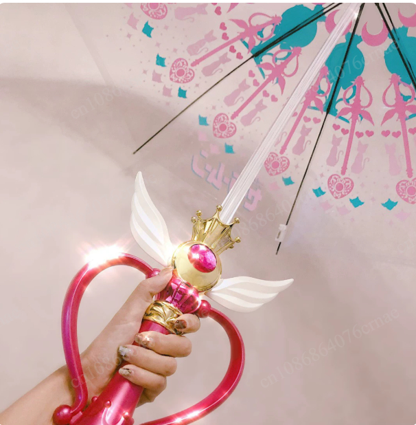 Sailor Moon Wand - ร่มลายเซเลอร์มูนแบบใส วาดลายซากุระด้วยมือ พร้อมไม้กายสิทธิ์ ลายเจ้าหญิงน่ารักสไตล์อนิเมะ เรืองแสง